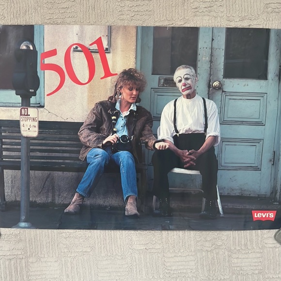 Vintage 80’s Levi’s 501 Jeans Poster with Photographer & Clown on bench rare